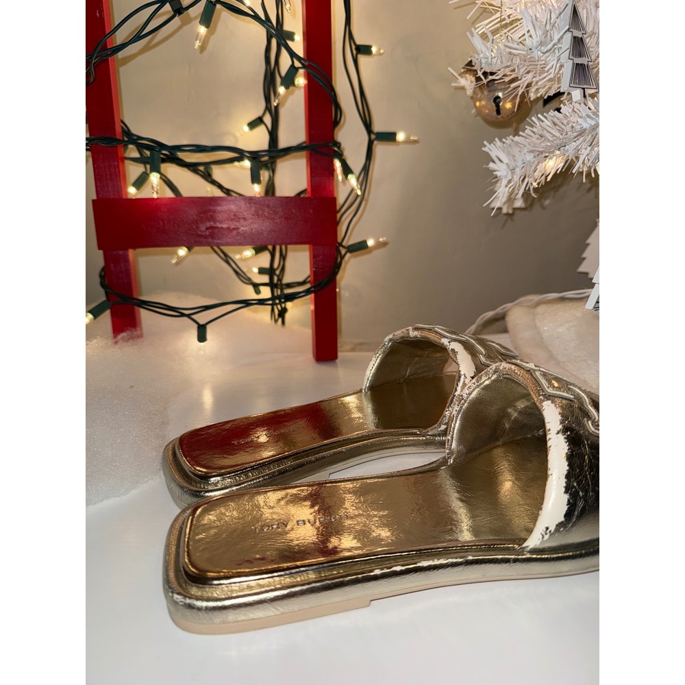 Tory Burch Miller Metal Logo Slides Gold Metallic Leather Sandals Women Size 8 - Picture 4 of 9